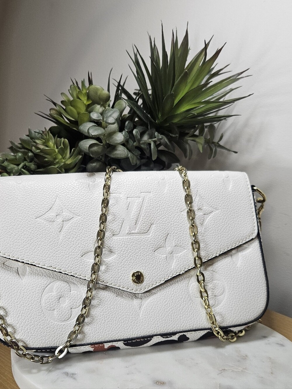 White Embossed Monogram Chain Shoulder Bag